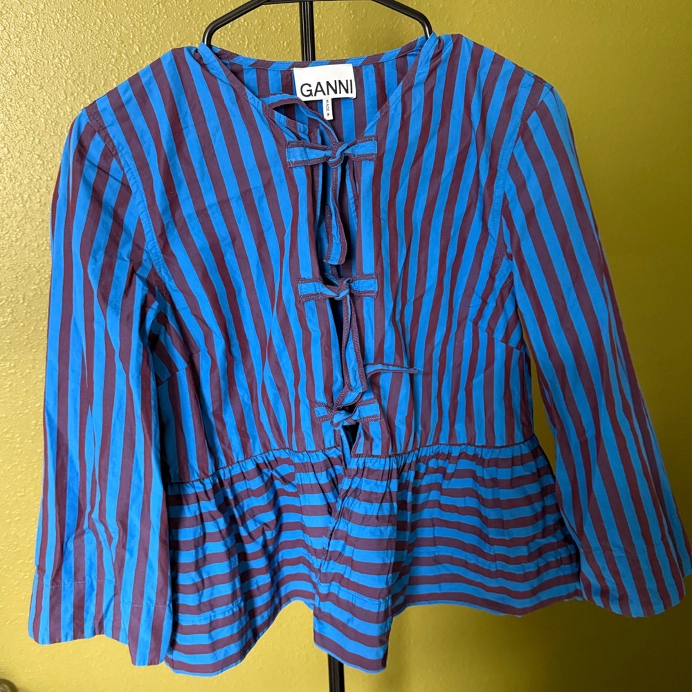 Ganni Blue & Burgundy Striped Tie-Front Top size 34 aka Small